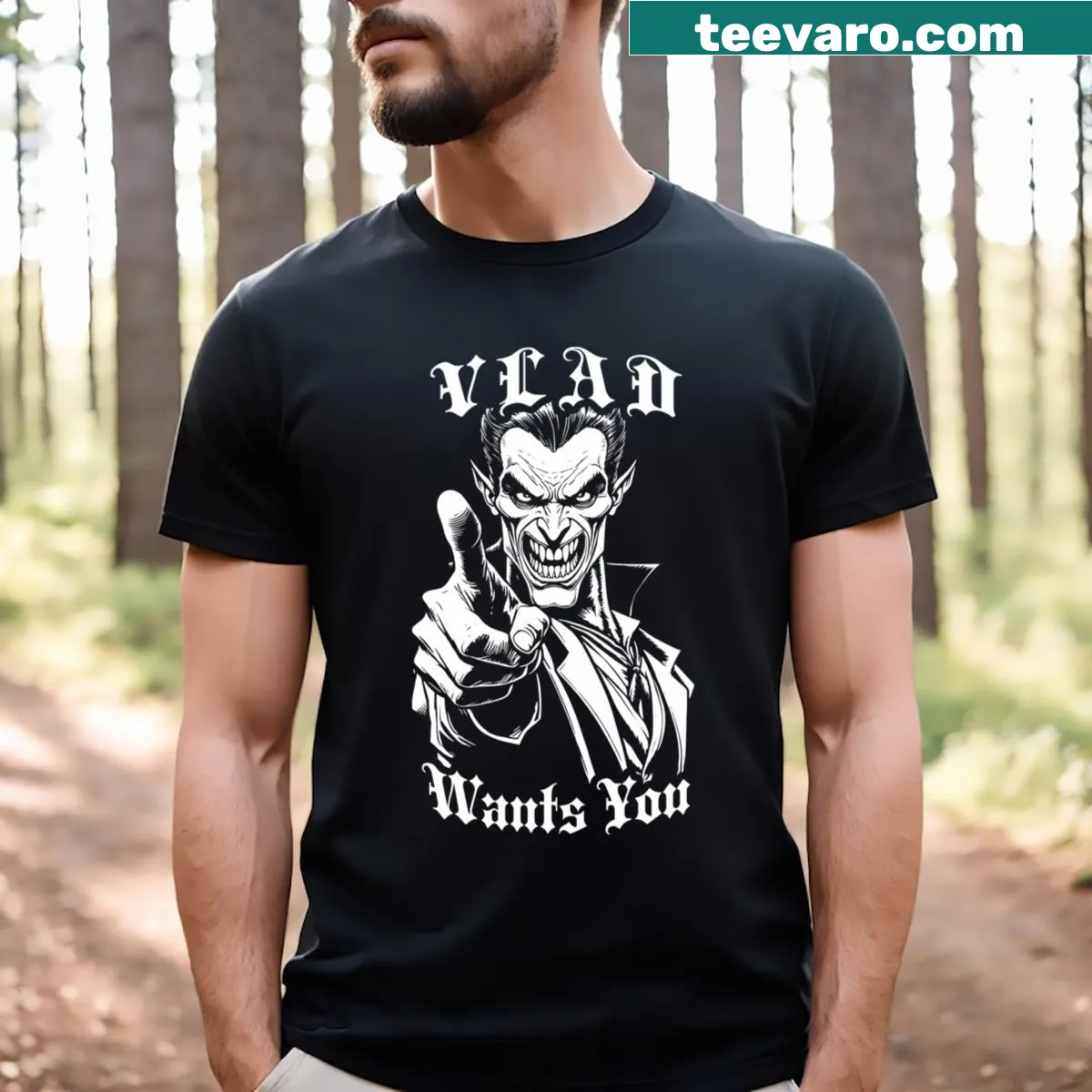 Funny vampire T-shirt featuring Vlad in a recruitment style — on a men's t-shirt
