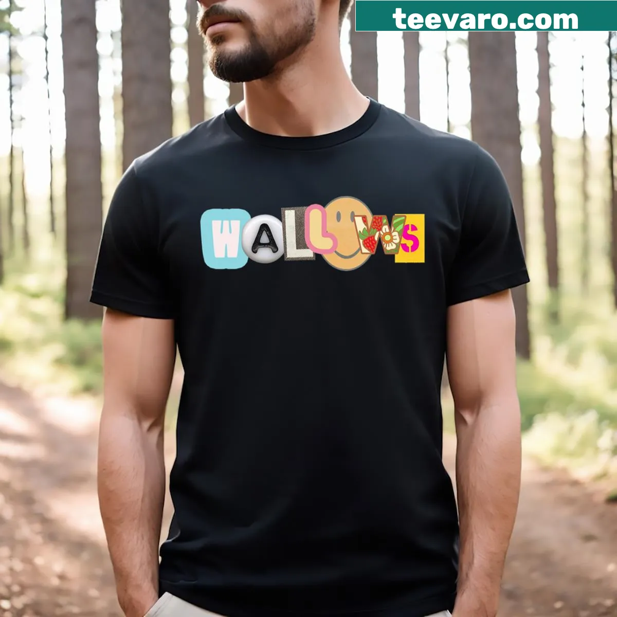 T-shirt featuring the Wallow band Idle logo in badge-emblem style — on a men's t-shirt
