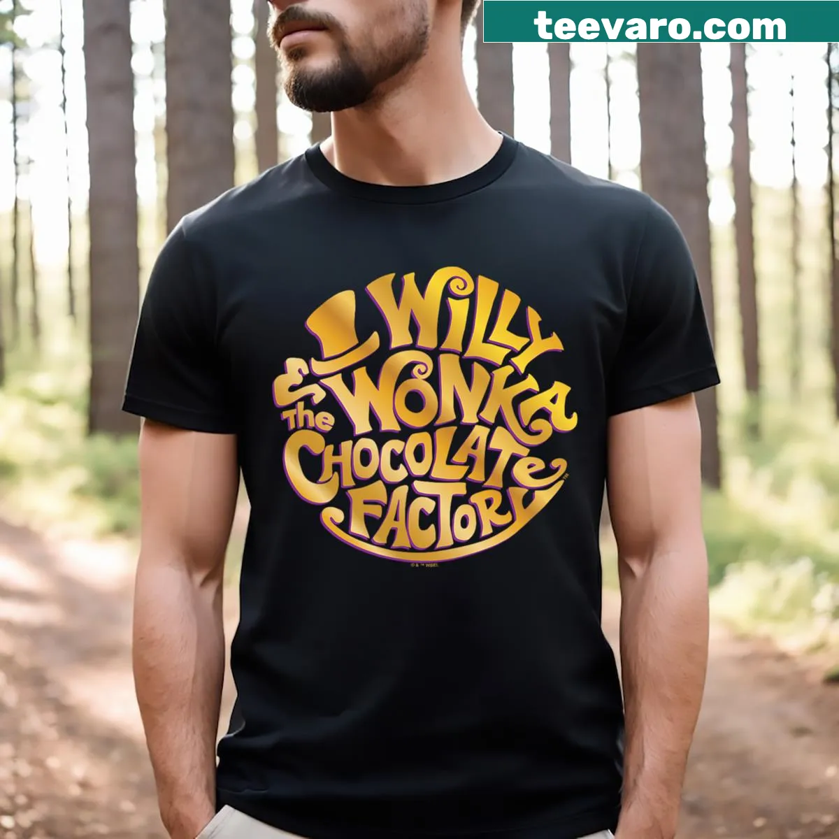 Retro Willy Wonka Gold Circle logo t-shirt for fans of the movie — on a men's t-shirt