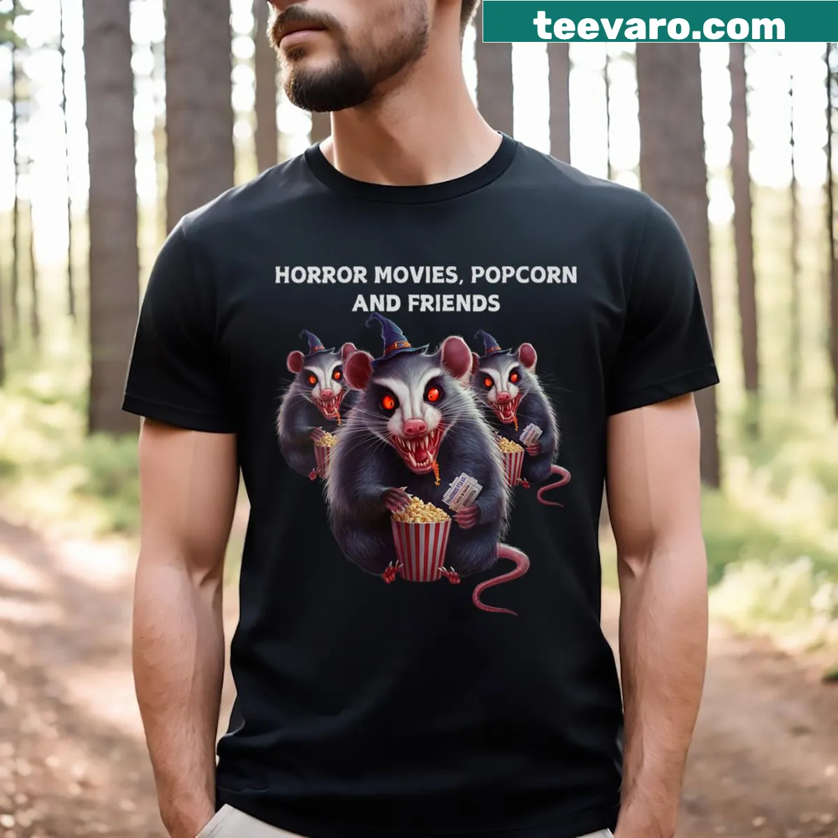 Funny Halloween V-neck tee with opossum and popcorn design — on a men's t-shirt