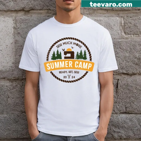 Charming summer camp logo V-neck tee celebrating sewing and community
