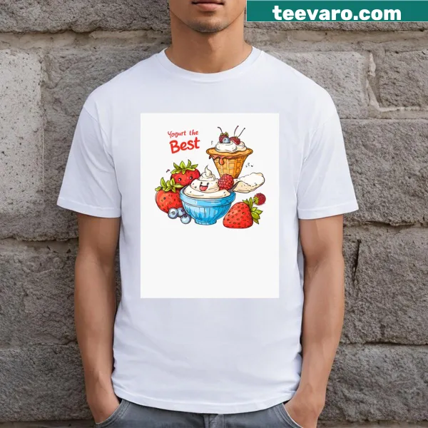 Whimsical yogurt t-shirt with fruity illustrations and text
