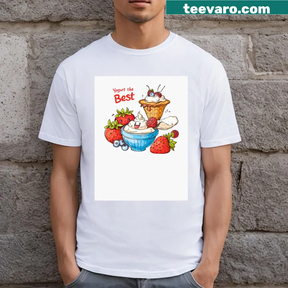 Whimsical yogurt t-shirt with fruity illustrations and text — on a men's t-shirt