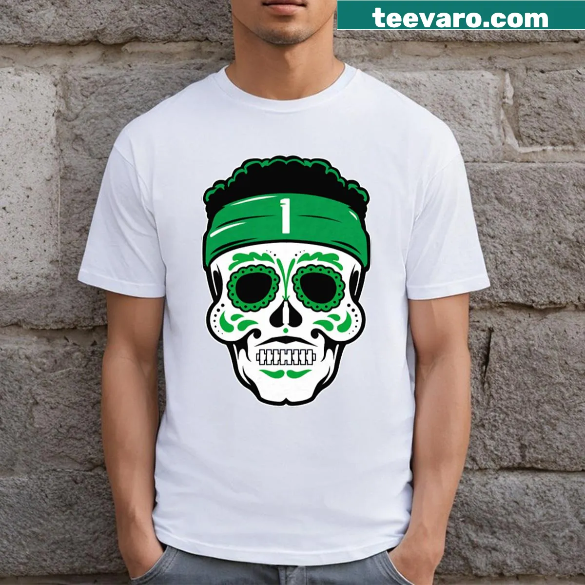 Sugar skull themed t-shirt inspired by Ahmad Sauce Gardner — on a men's t-shirt