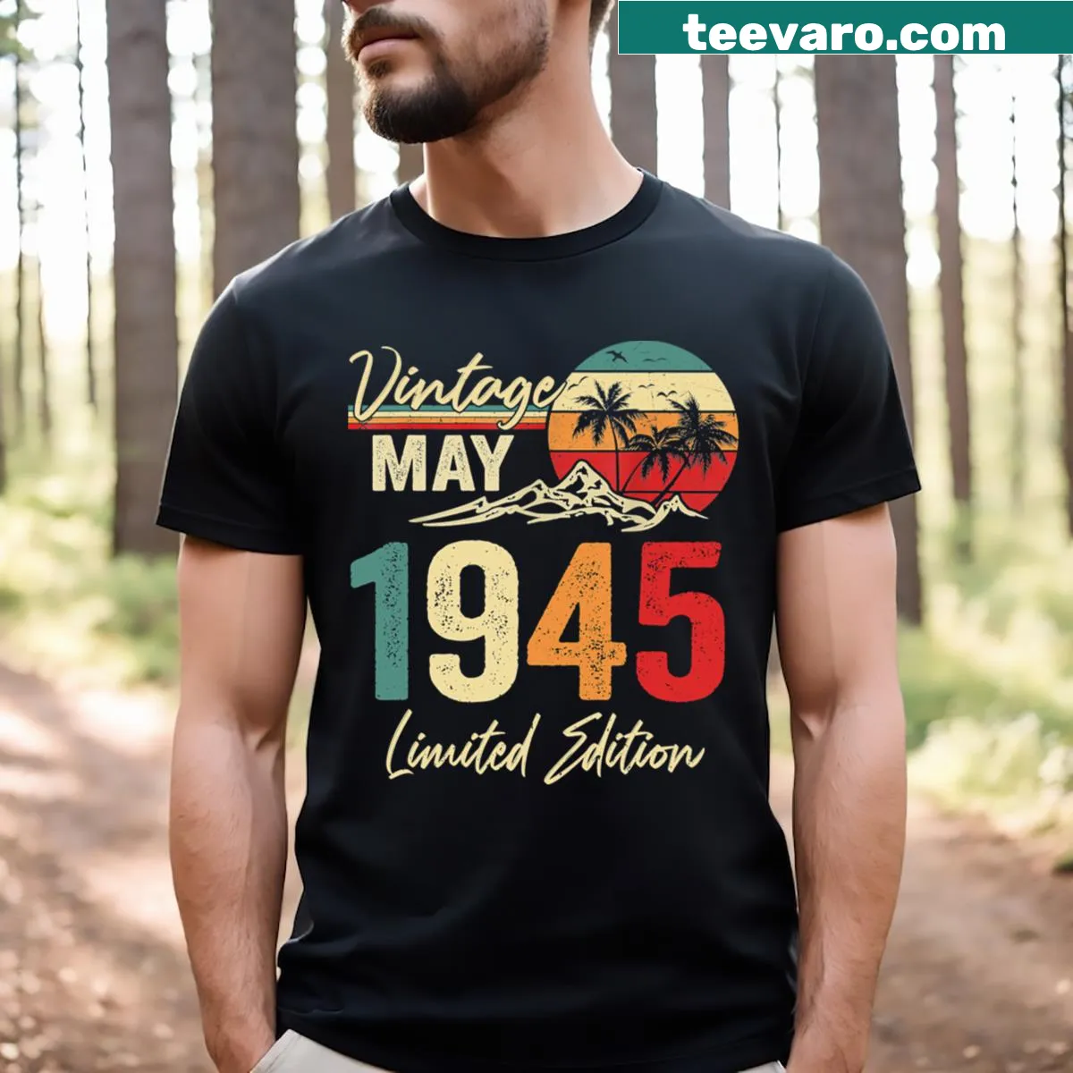 Vintage-style birthday T-shirt for those born in May 1945 — on a men's t-shirt