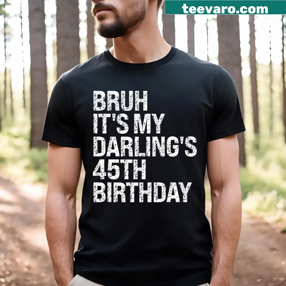 Funny birthday shirt for couples, celebrating a 45th birthday with humorous text — on a men's t-shirt