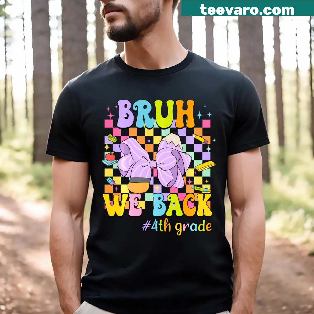 Playful T-shirt for teachers with 'Bruh, We Back' and illustrations — on a men's t-shirt