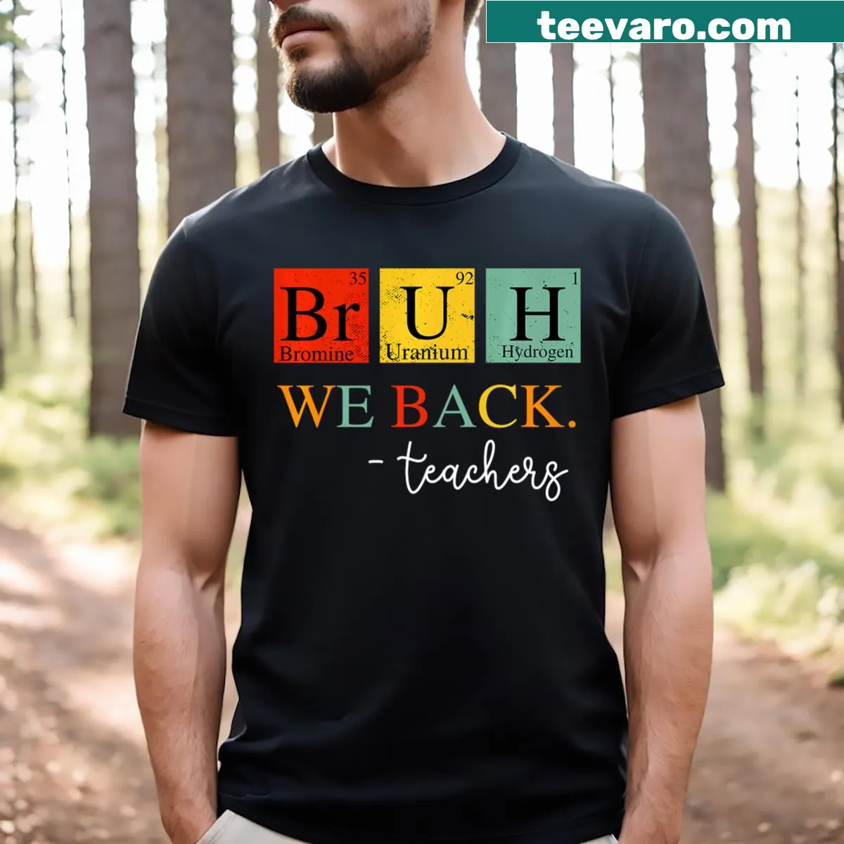 Chemistry teacher shirt featuring the periodic table with humorous text — on a men's t-shirt