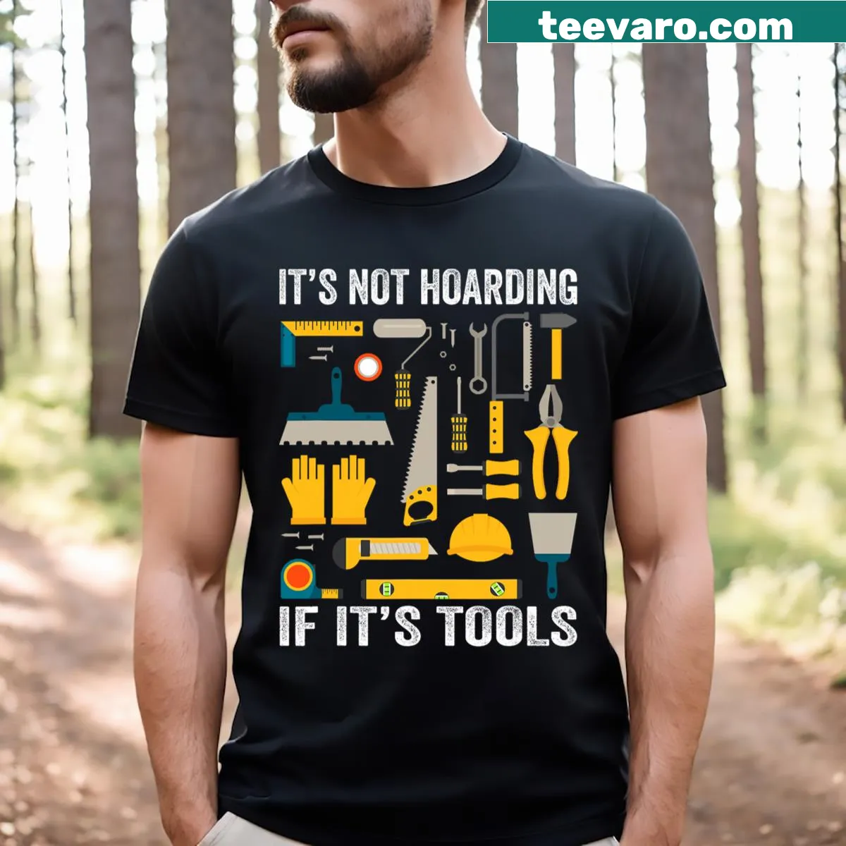 Funny carpenter T-shirt with cartoon carpentry tools — on a men's t-shirt