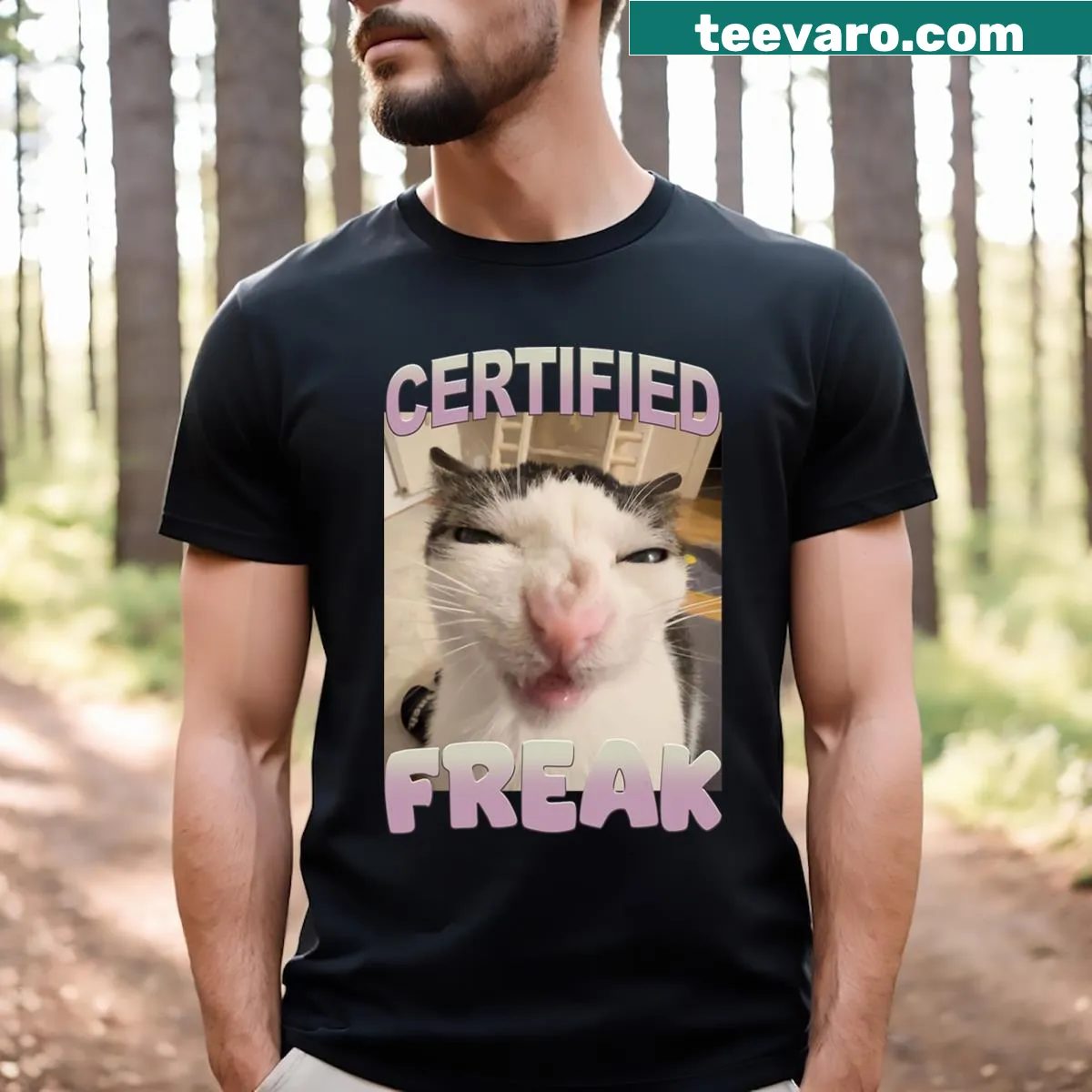 Funny cat meme T-shirt with 'Certified Freak' graphic — on a men's t-shirt