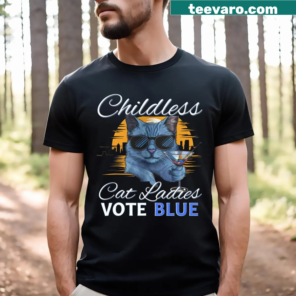 Funny Childless Cat Ladies Vote Blue t-shirt with playful graphics — on a men's t-shirt