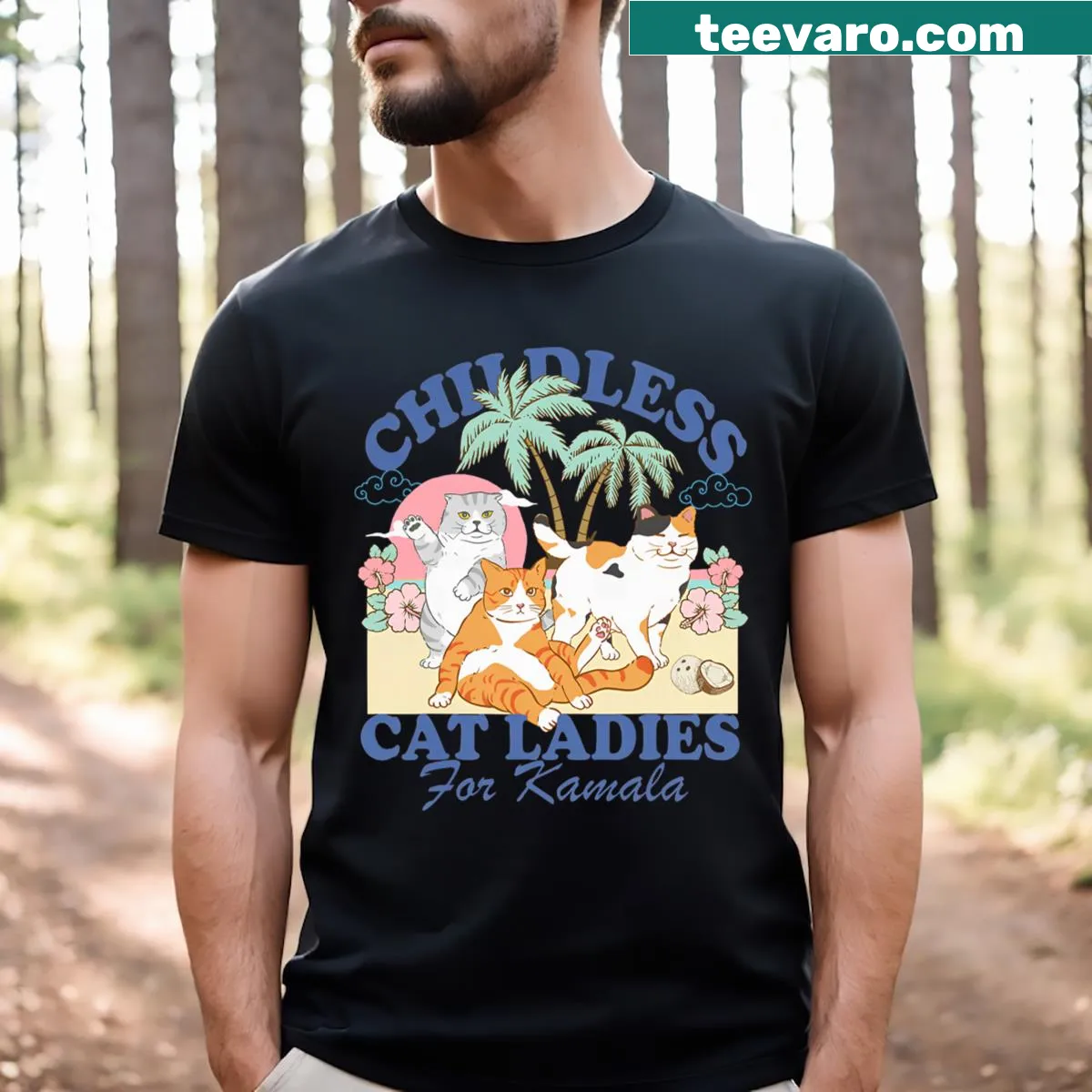 Childless Cat Lady t-shirt with Kamala coconut tree graphic — on a men's t-shirt