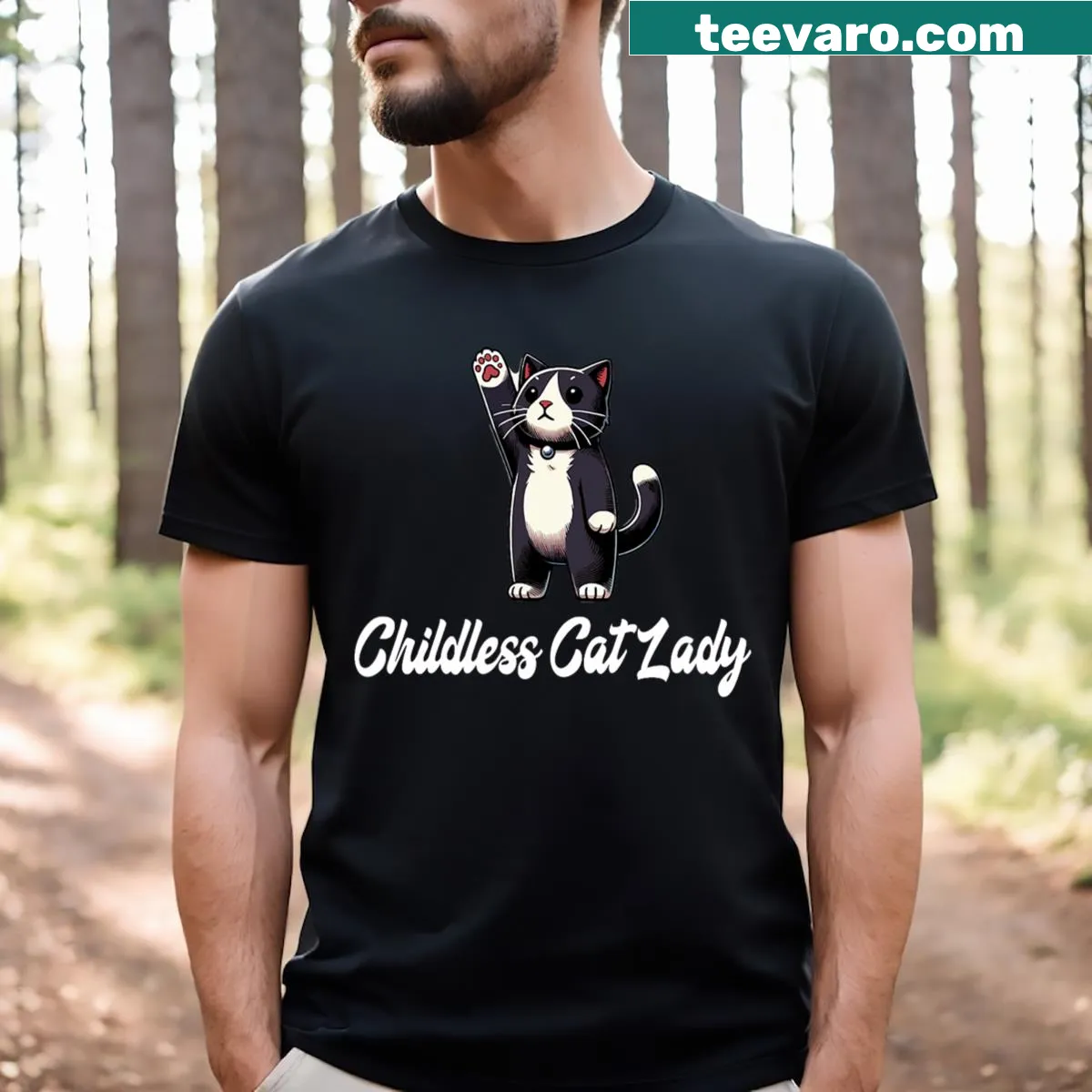 Cute t-shirt featuring a tuxedo cat raising its paw with funny design — on a men's t-shirt