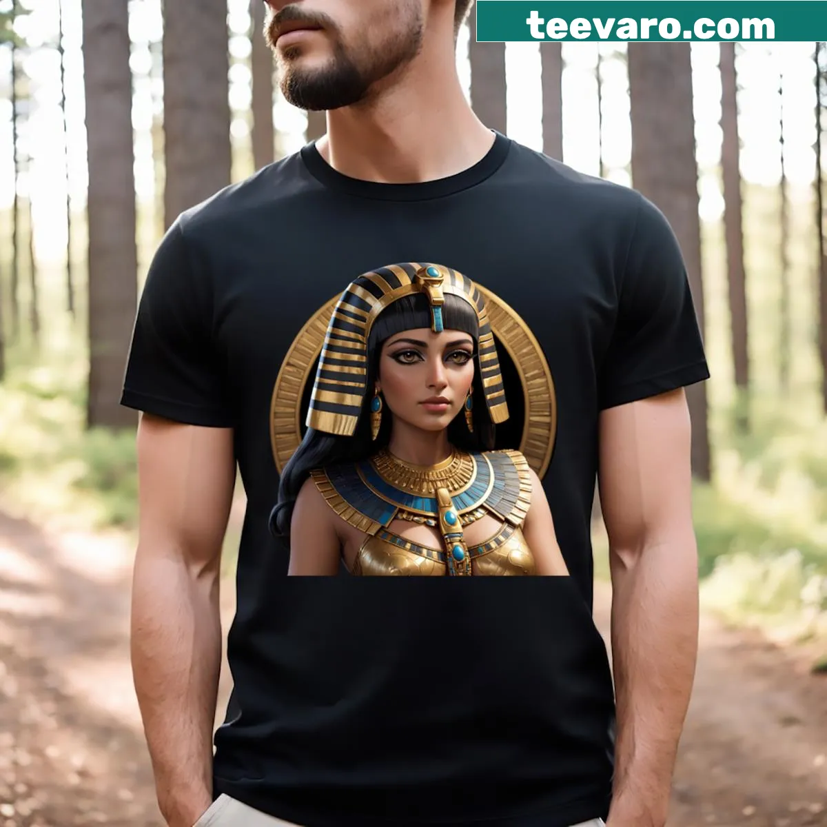 Illustrated Cleopatra t-shirt representing the Queen of Egypt — on a men's t-shirt