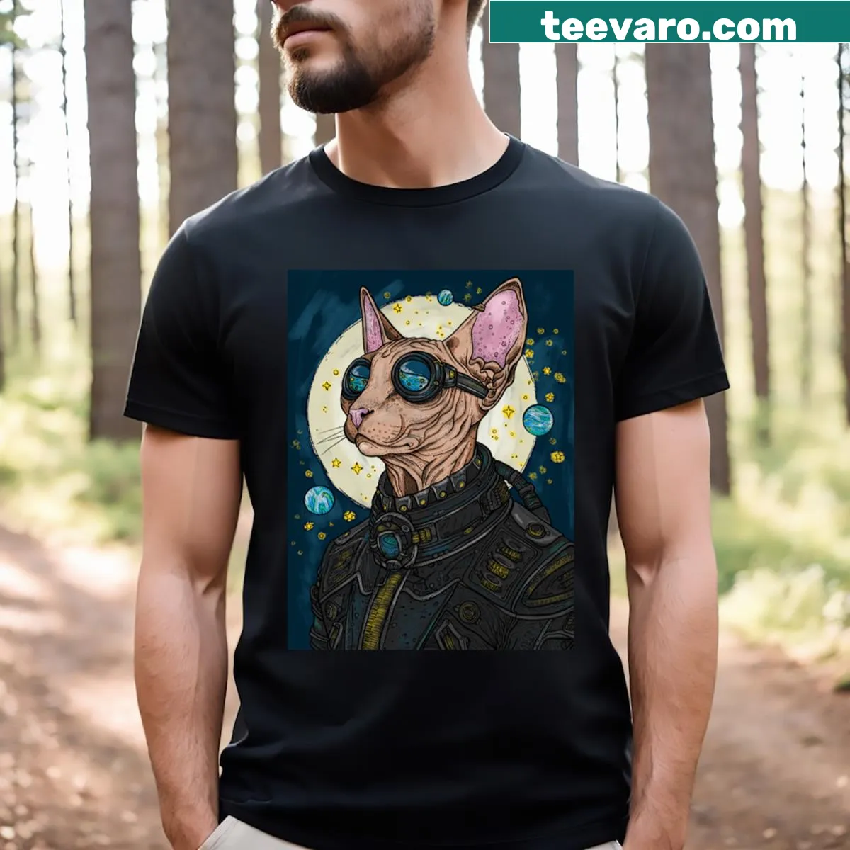 Illustrative T-shirt featuring a cosmic sphinx graphic. — on a men's t-shirt
