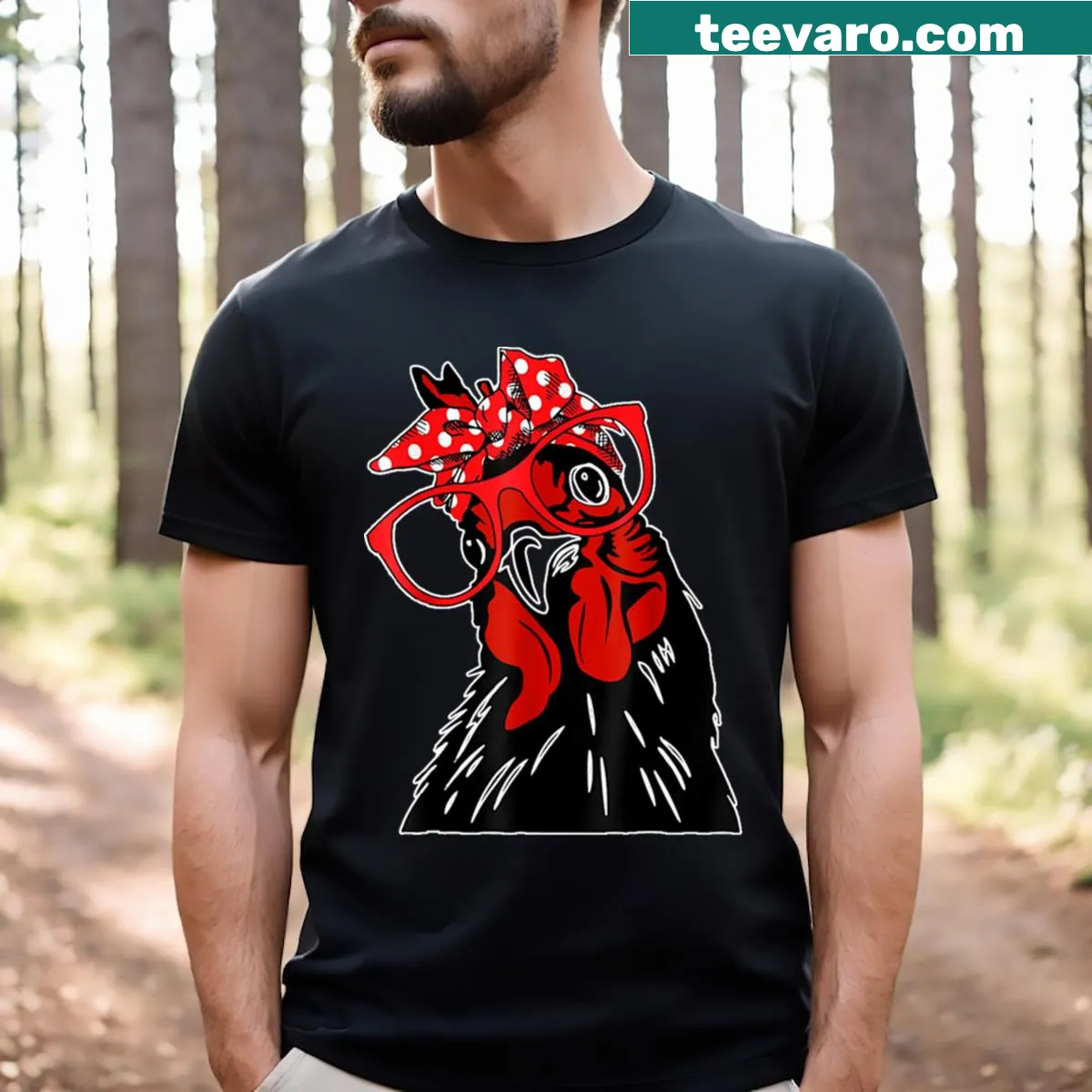 Cute chicken graphic t-shirt with bandana and glasses — on a men's t-shirt