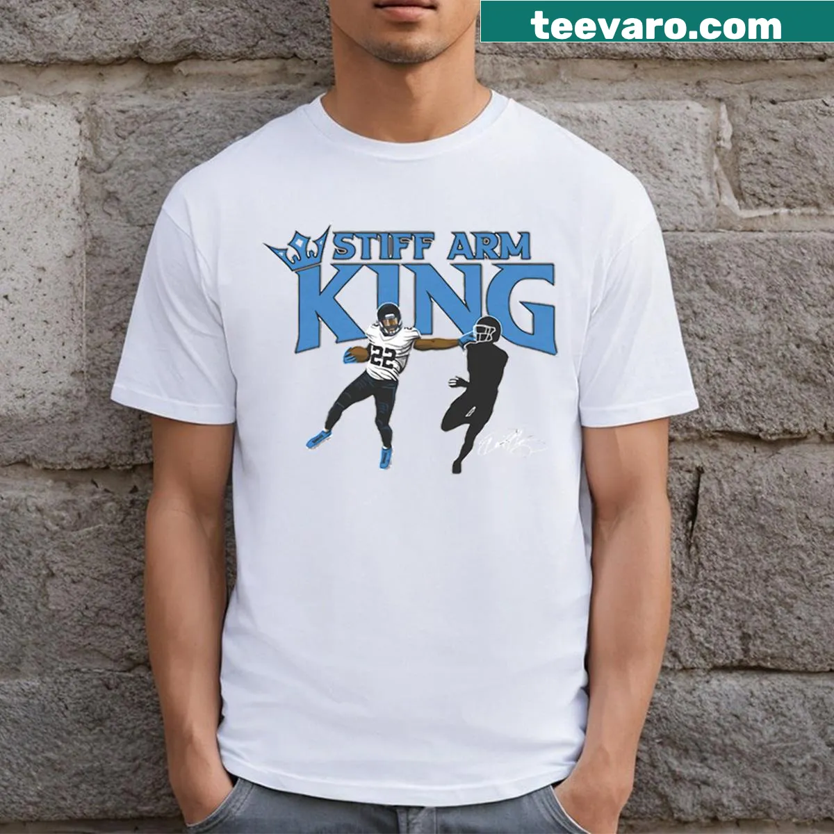 T-shirt featuring Derrick Henry Stiff Arm King graphic — on a men's t-shirt