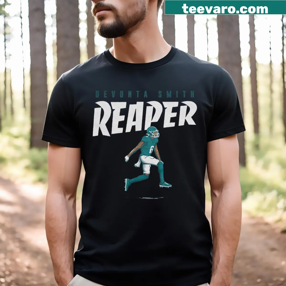 Typography T-shirt featuring Devonta Smith with a reaper theme — on a men's t-shirt