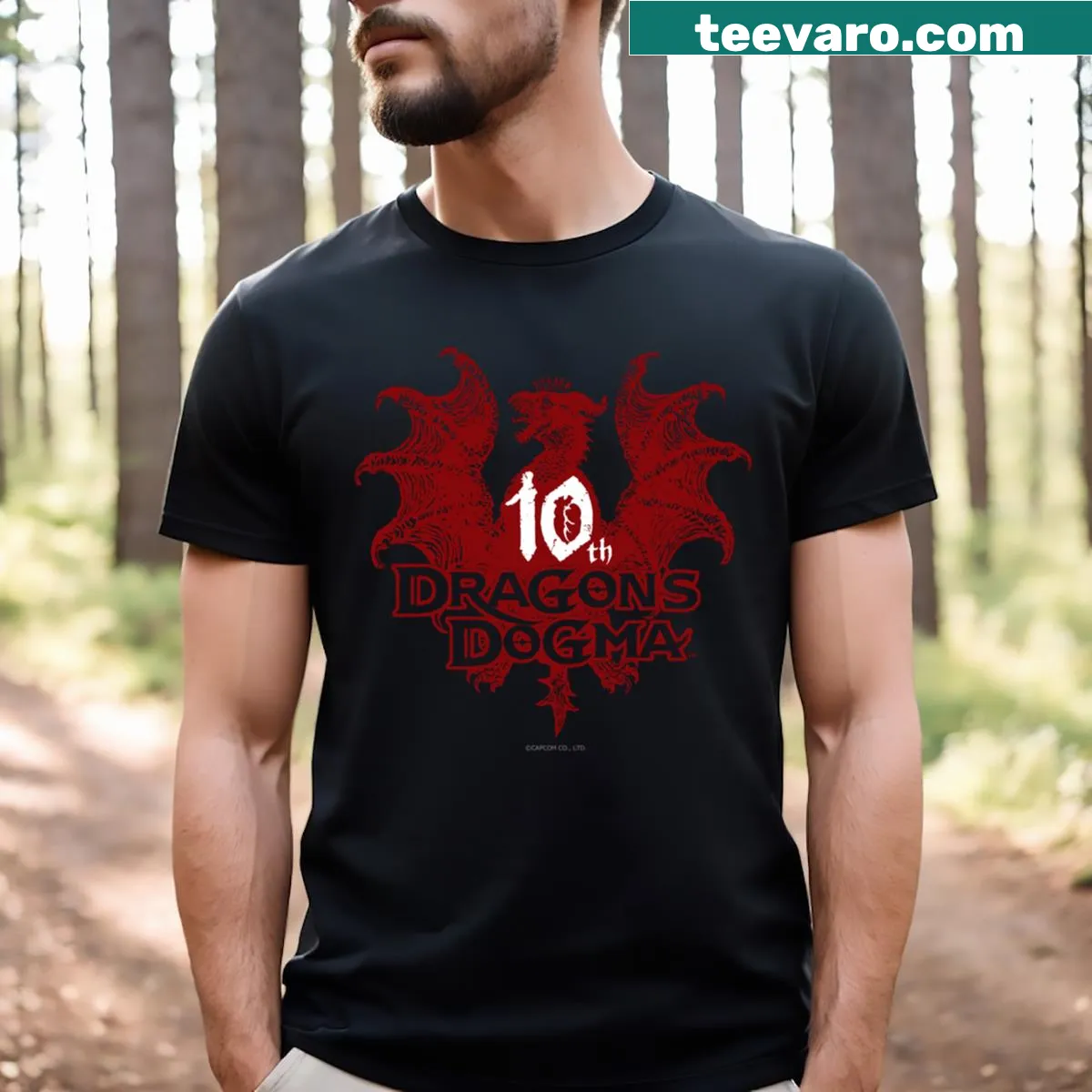 Celebratory t-shirt with Dragons Dogma 10th Anniversary logo — on a men's t-shirt