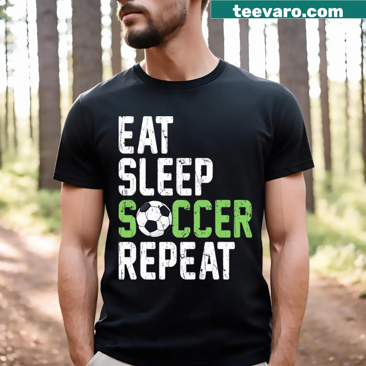 Playful Eat Sleep Soccer Repeat t-shirt for soccer lovers — on a men's t-shirt