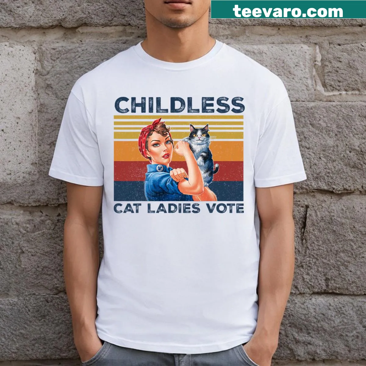 Retro cat-themed t-shirt for childless cat lovers with playful design — on a men's t-shirt