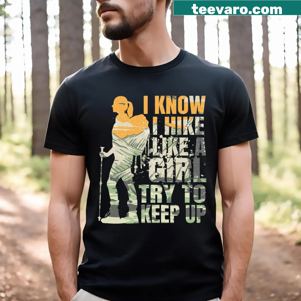 Funny hiking t-shirt for girls with playful graphics — on a men's t-shirt