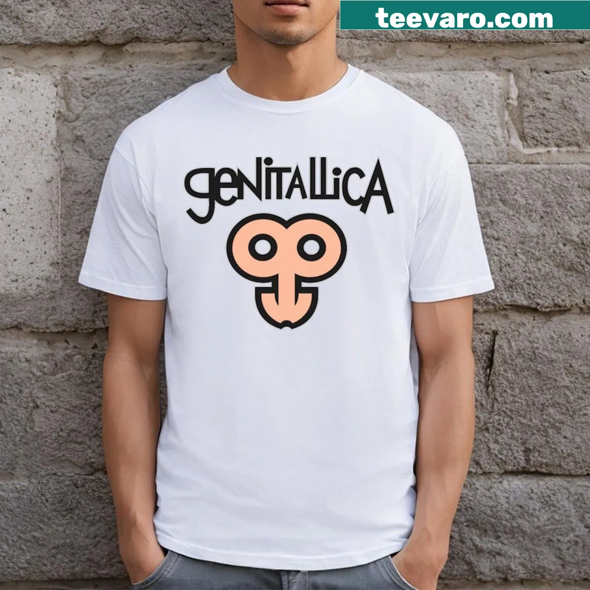 T-shirt celebrating the Genitallica rock band from Mexico — on a men's t-shirt
