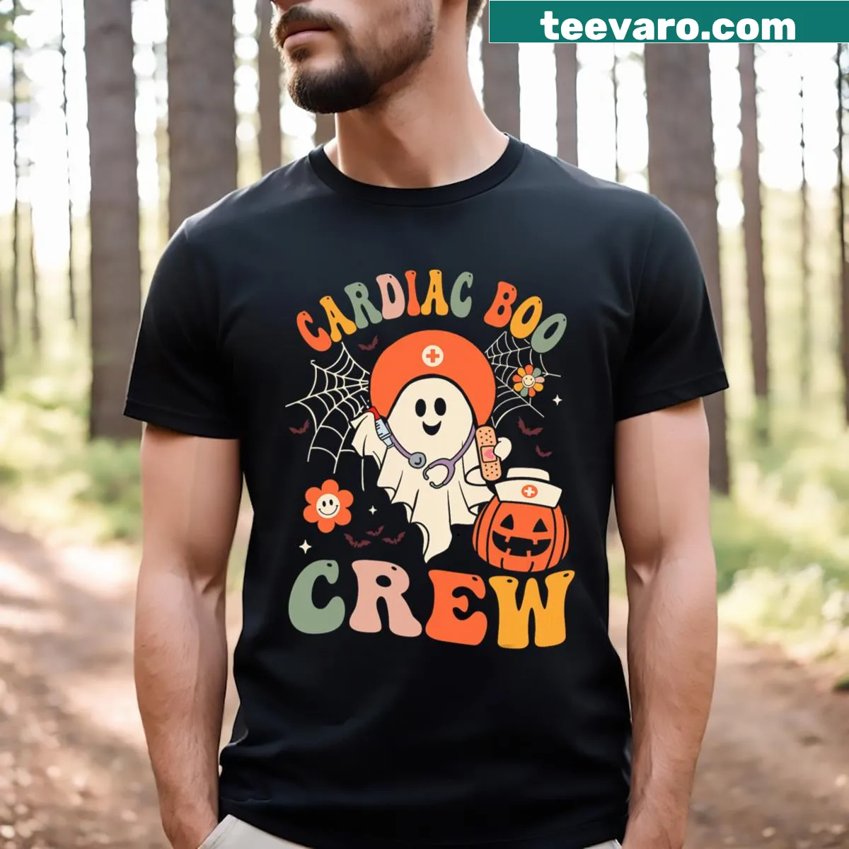 Funny Halloween Nurse T-shirt with ghost graphic and phrases — on a men's t-shirt