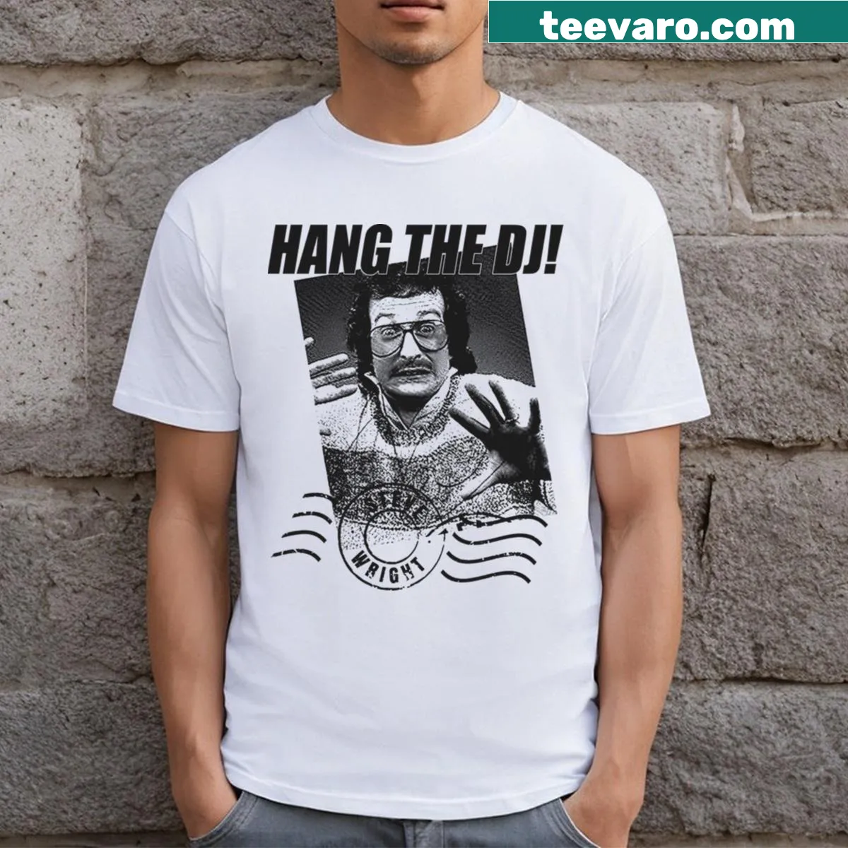 Humorous Hang The Dj t-shirt with bold typography — on a men's t-shirt