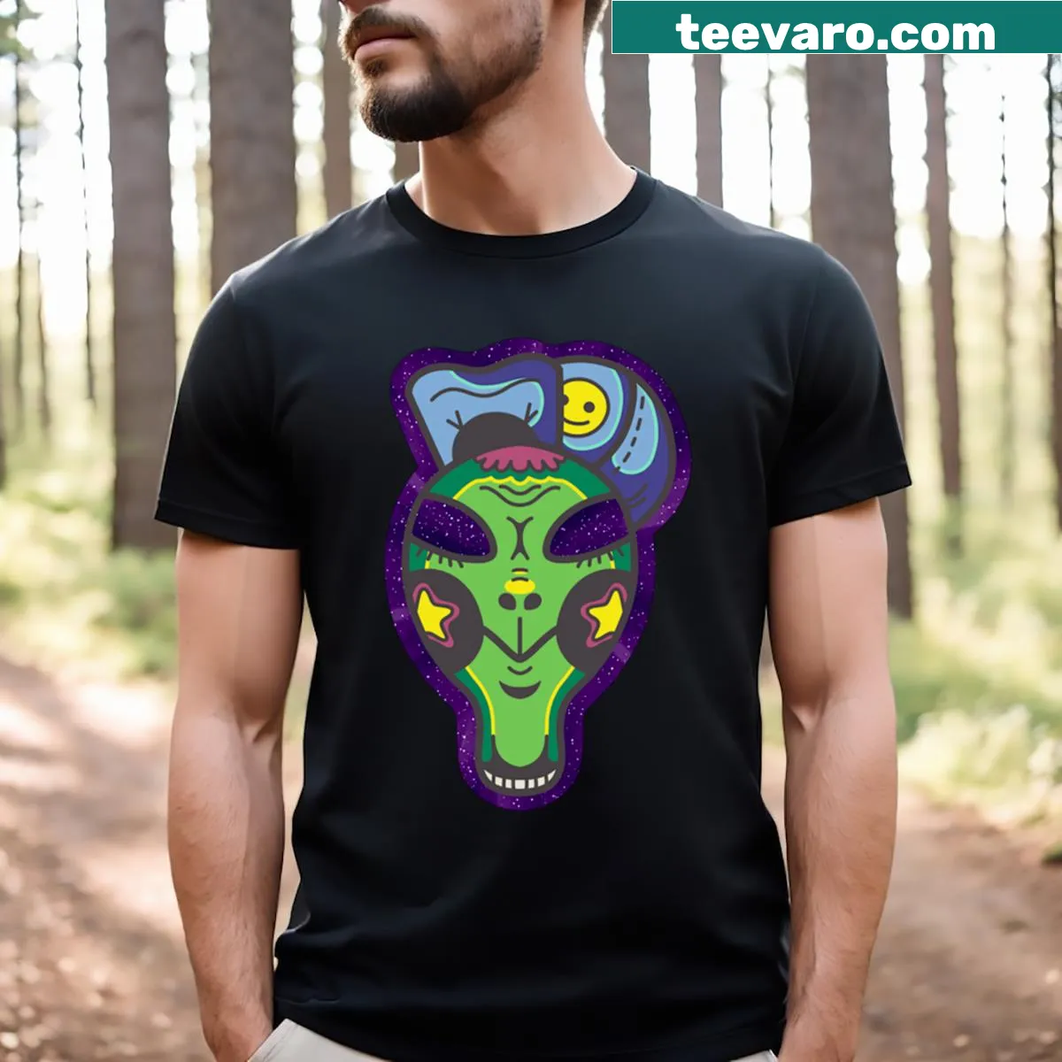 Cartoon alien with cap on Happy Cap t-shirt — on a men's t-shirt