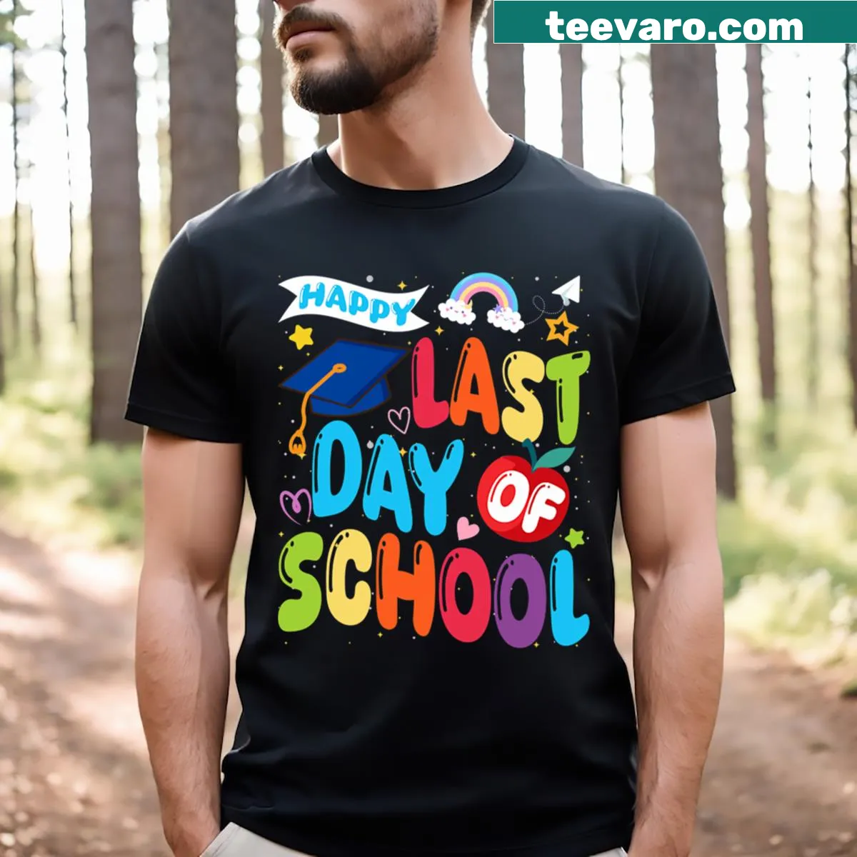 Graduation T-shirt with 'Happy Last Day Of School' text design — on a men's t-shirt