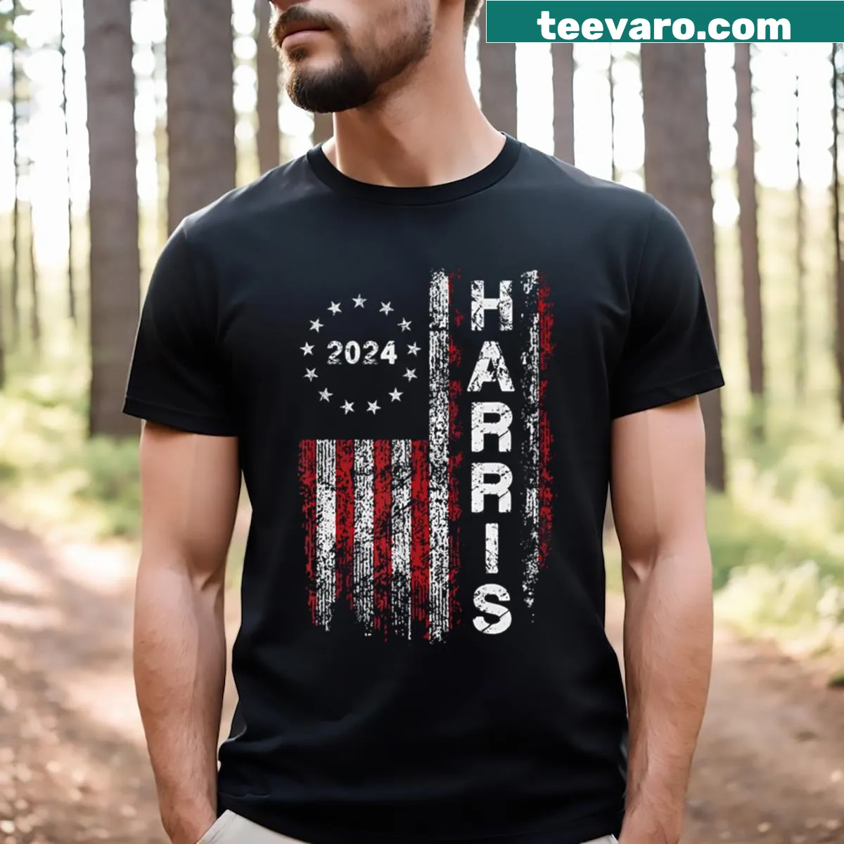 Vintage U.S. flag design t-shirt supporting Harris for President 2024 — on a men's t-shirt