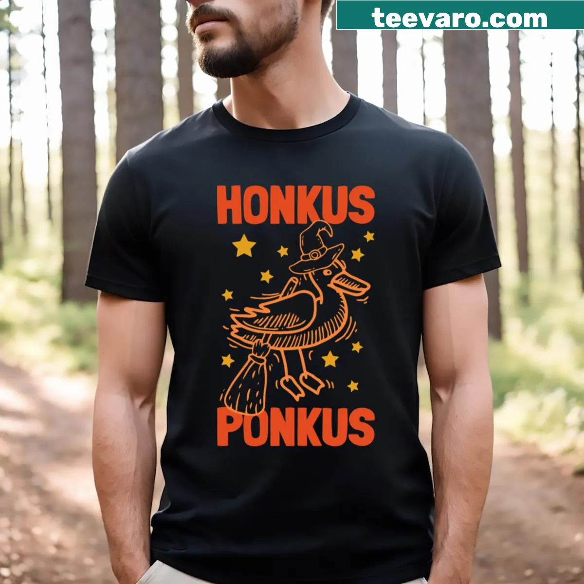 Funny Halloween witches duck design t-shirt — on a men's t-shirt