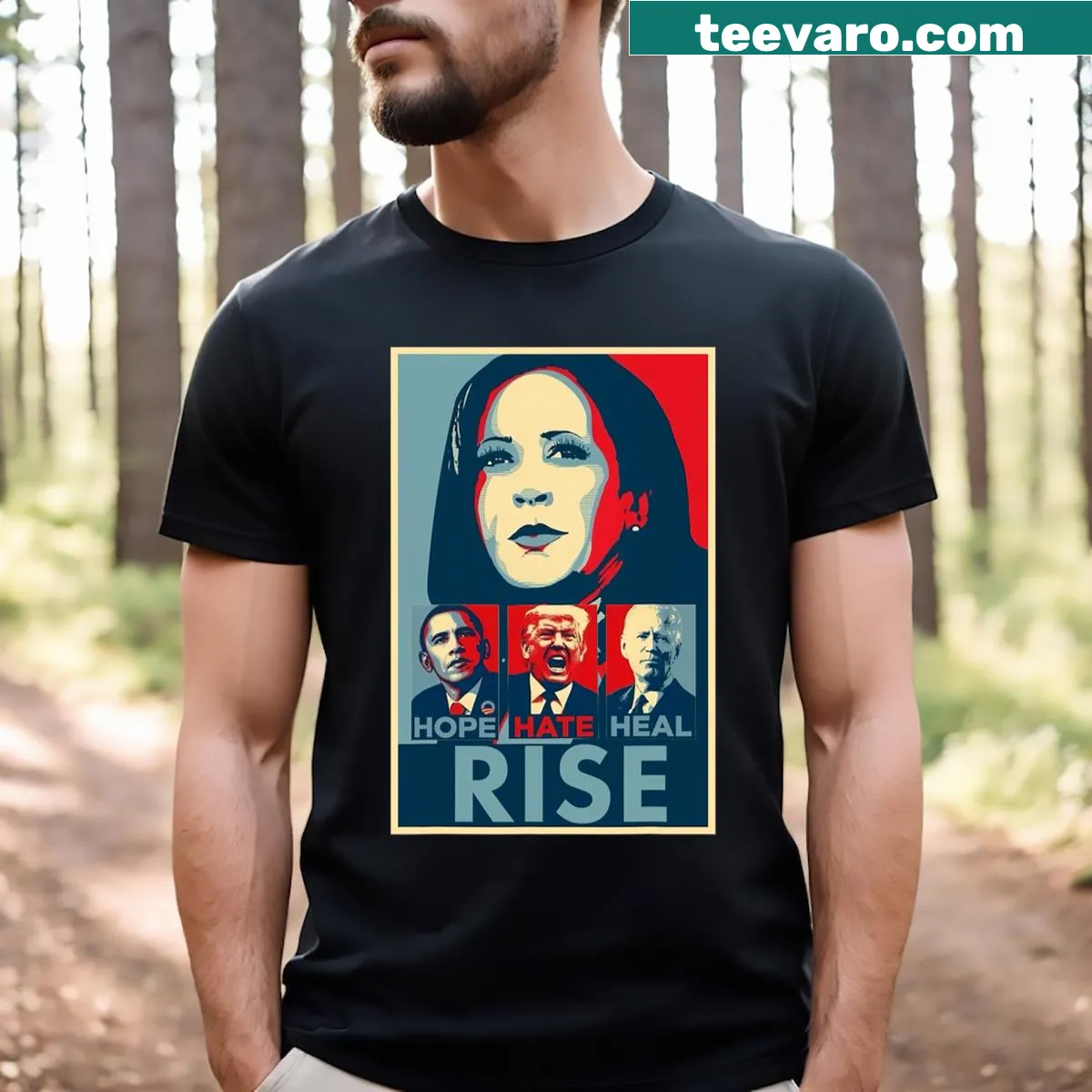 Inspirational Kamala 2024 T-shirt with Hope Hate Heal Rise graphic — on a men's t-shirt