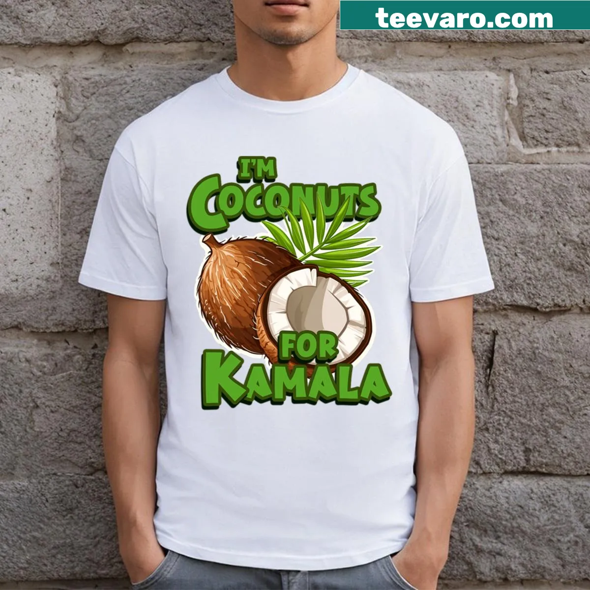 Funny T-shirt with coconut graphic and 'Kamala 2024 Vote Harris' text — on a men's t-shirt