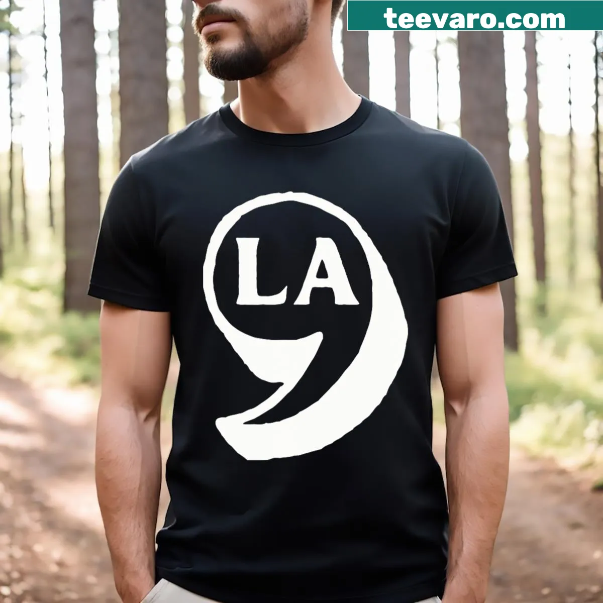 Witty Kamala Harris T-shirt with 'Comma La' design for 2024 election — on a men's t-shirt