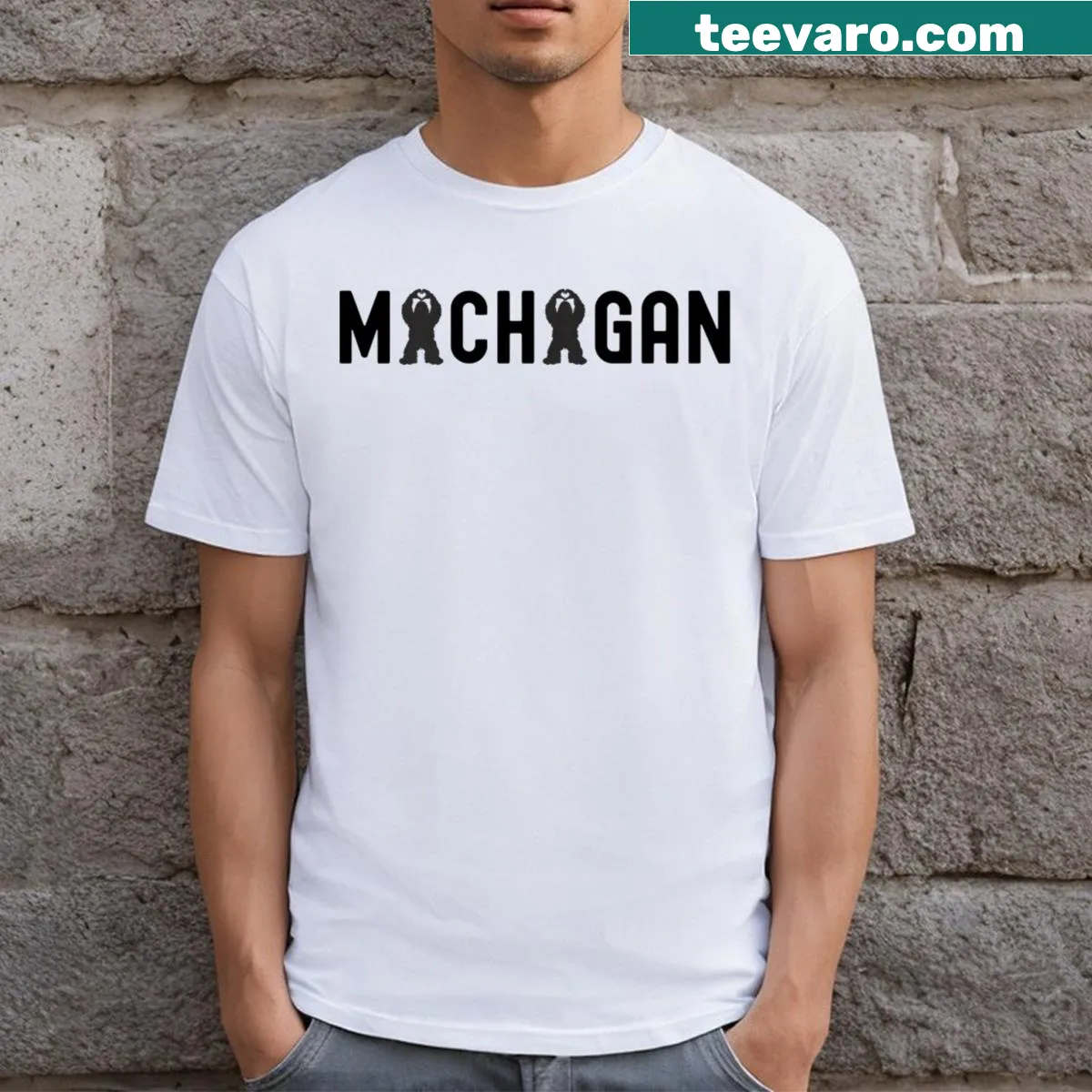 Playful Michigan Bigfoot Love T-shirt with whimsical graphic — on a men's t-shirt
