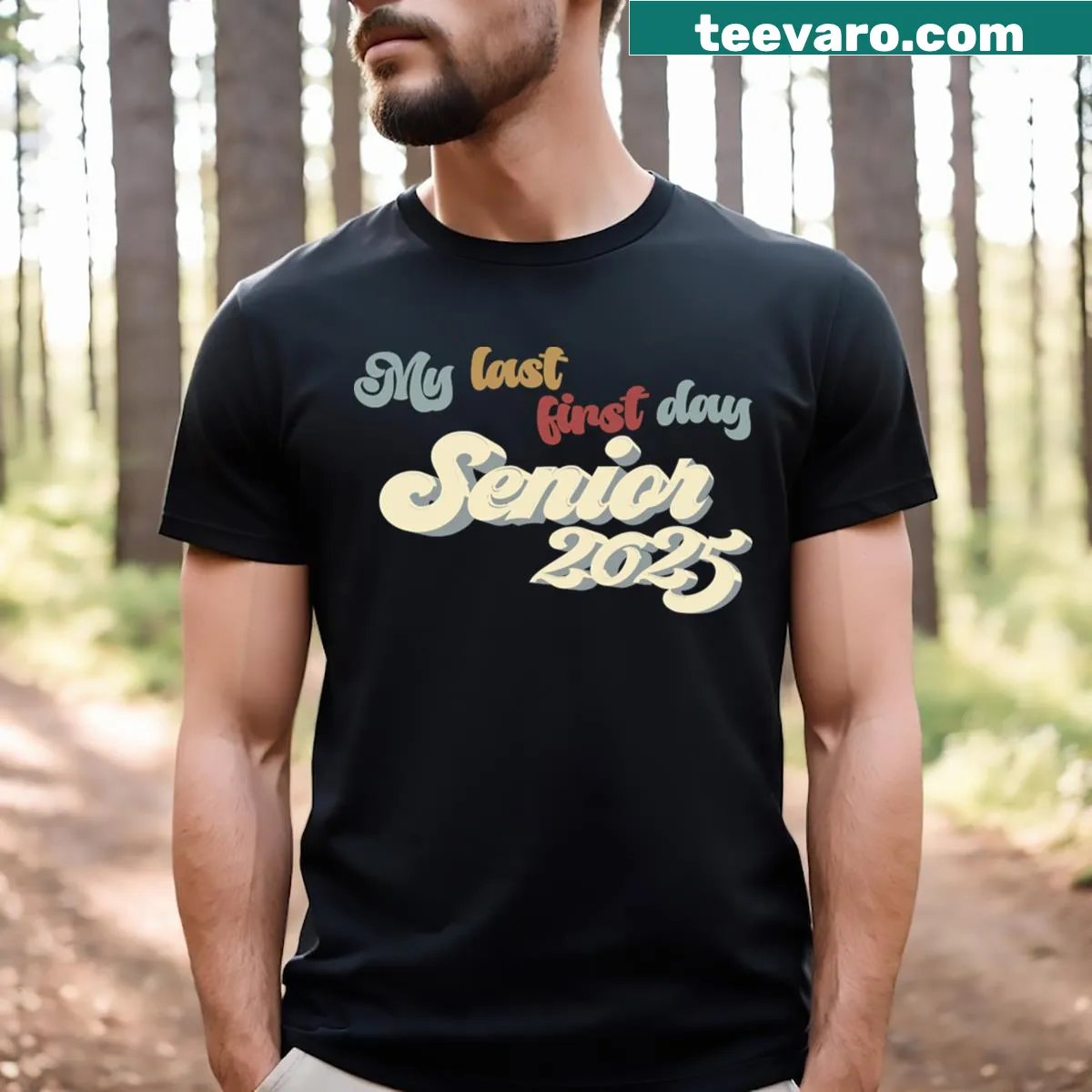 Vintage-style t-shirt for senior students celebrating their last first day — on a men's t-shirt