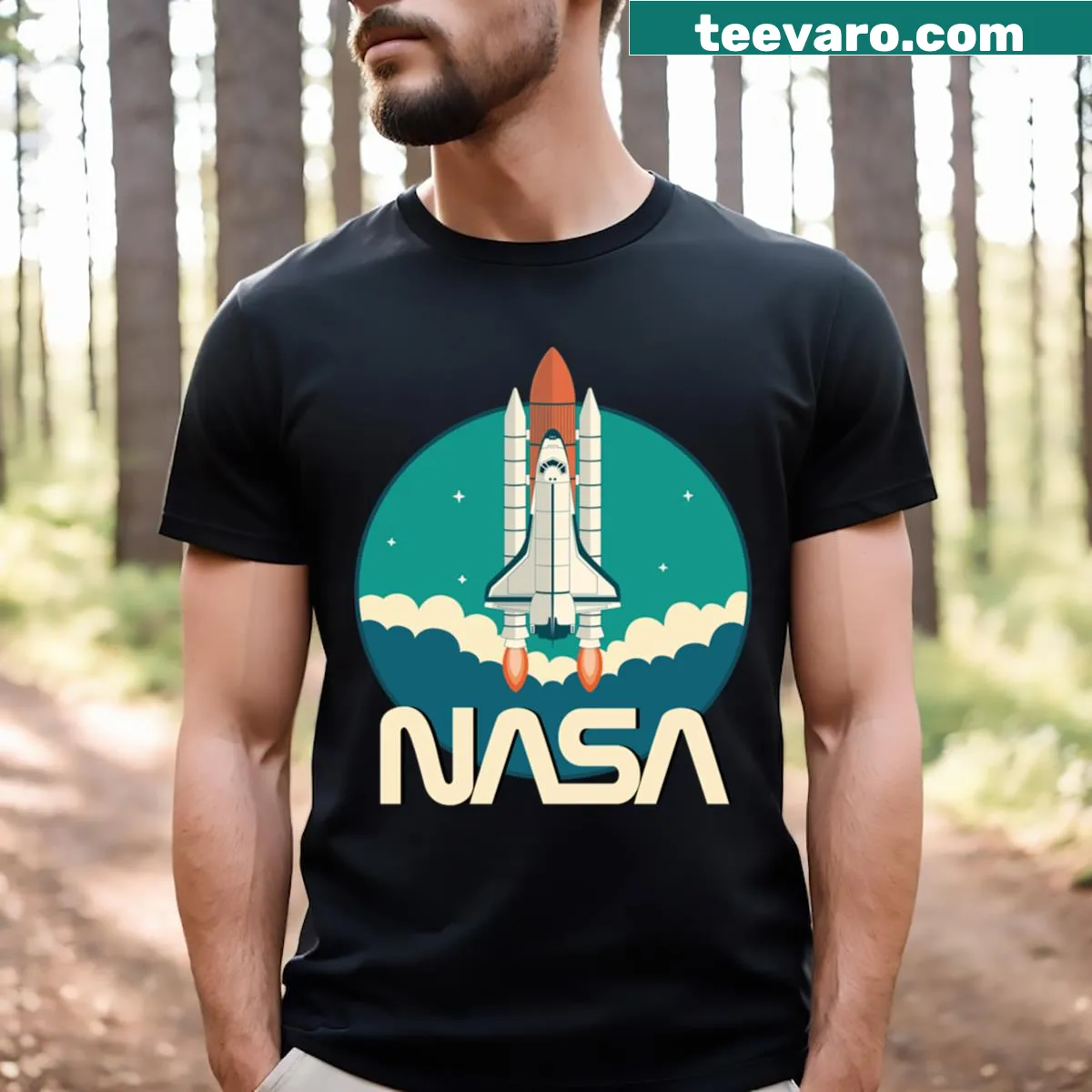 Illustrated NASA Space Shuttle t-shirt celebrating space exploration — on a men's t-shirt