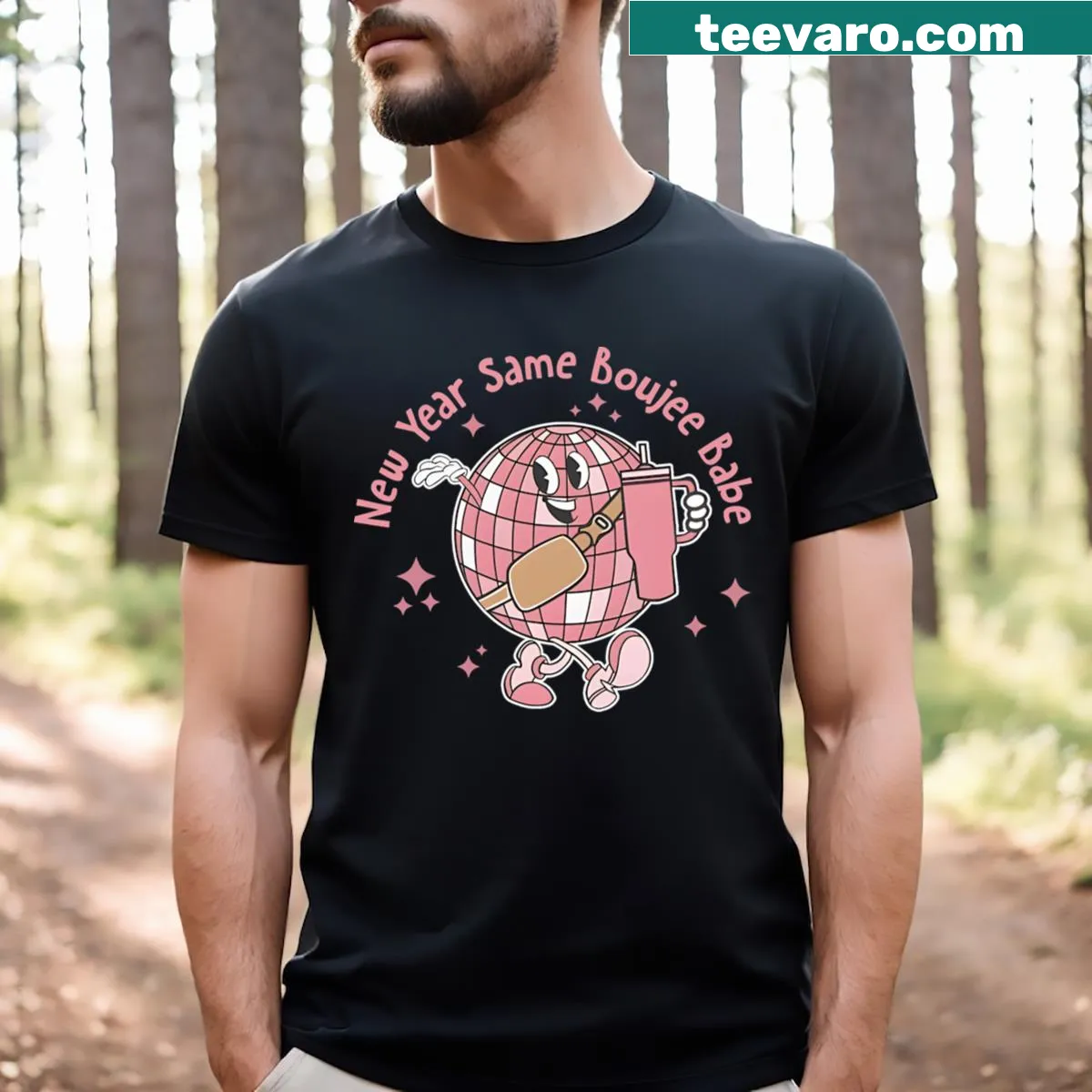 Playful T-shirt with disco-themed holiday graphic — on a men's t-shirt