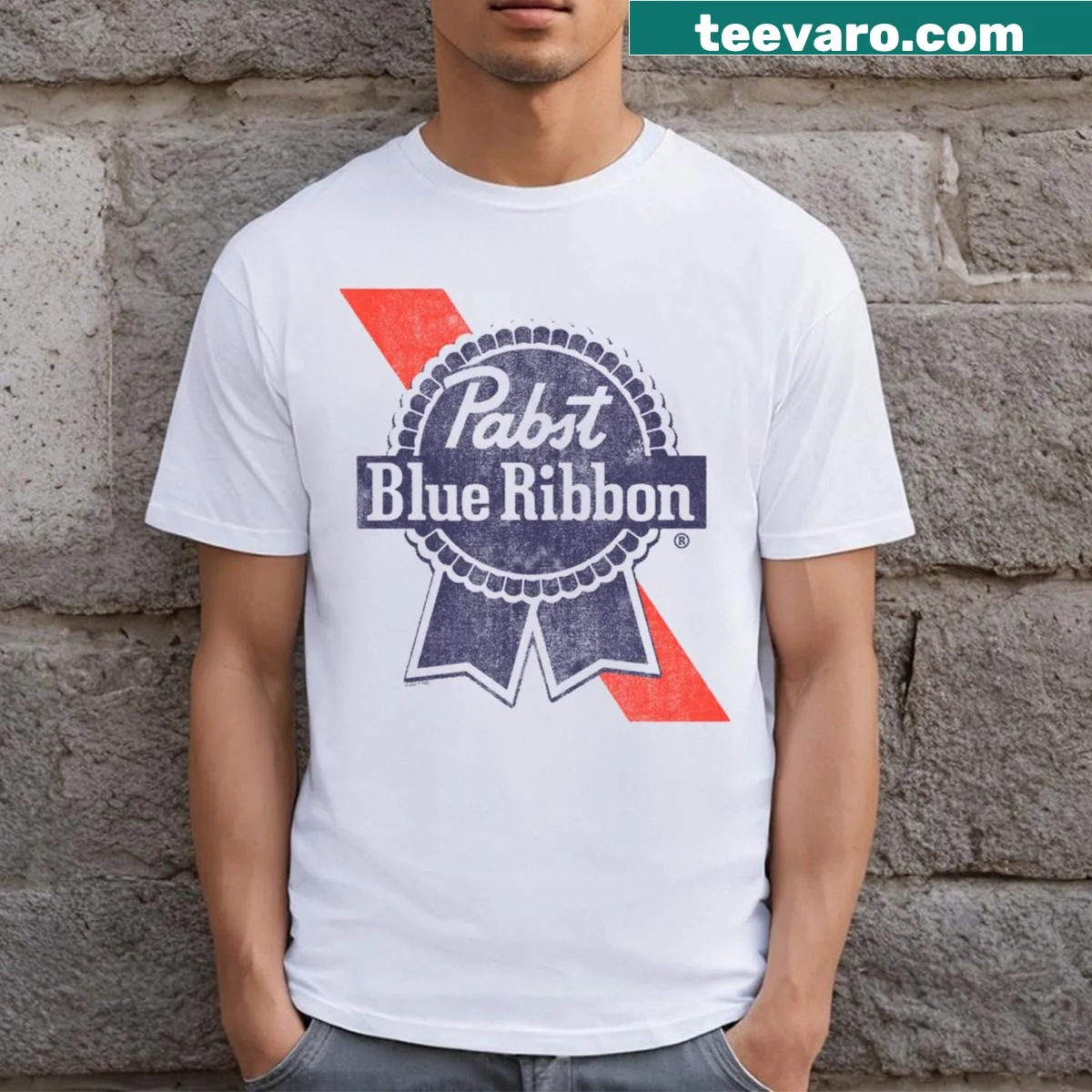Distressed Pabst Blue Ribbon T-shirt with vintage logo — on a men's t-shirt