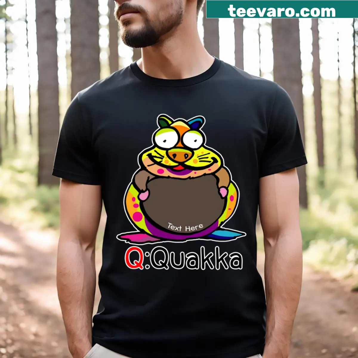 Funny animal alphabet design featuring a Quakka on a t-shirt — on a men's t-shirt