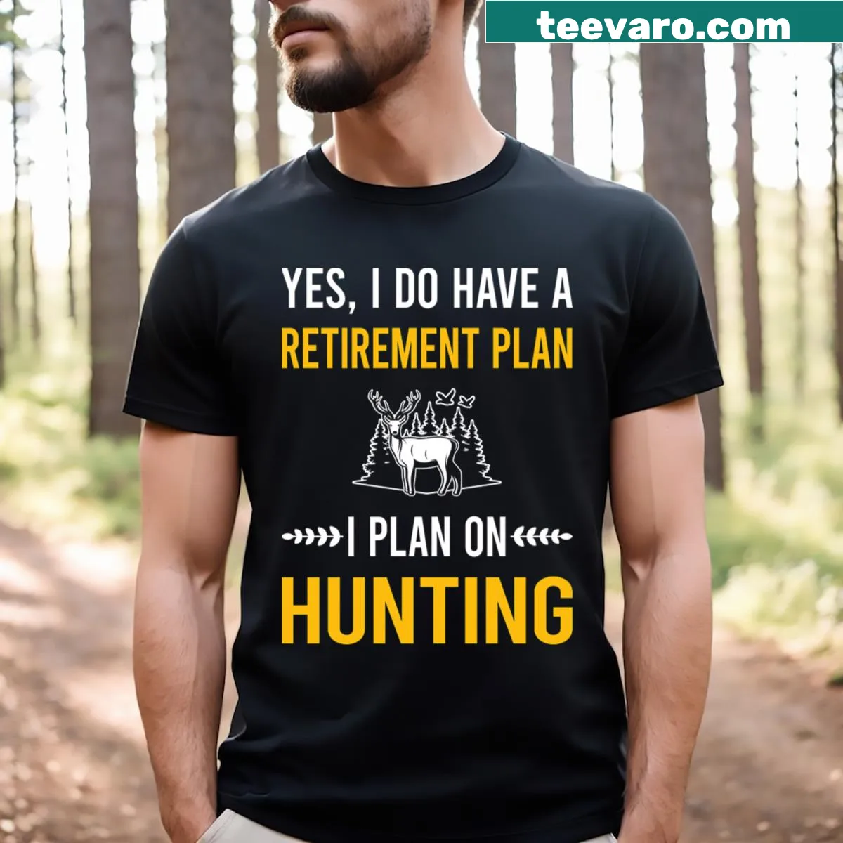 Retro Hunting T-shirt featuring a funny retirement plan graphic — on a men's t-shirt