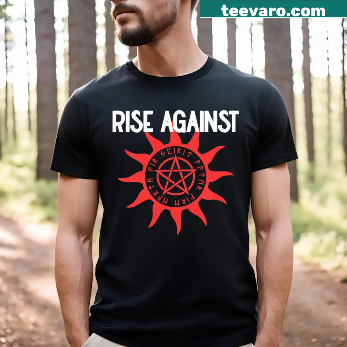 T-shirt featuring the bold graphics of Rise Against — on a men's t-shirt