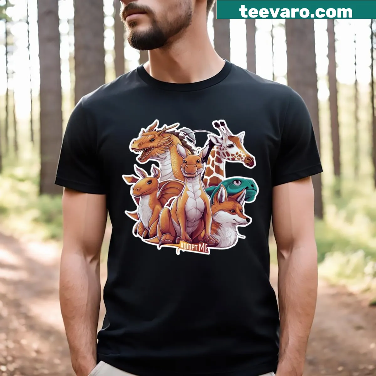 Illustrated T-shirt with a playful Roblox Adopt Me pet graphic — on a men's t-shirt