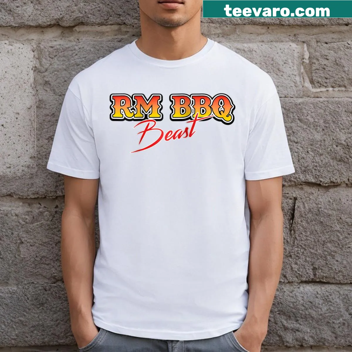 Run Bbq Beast t-shirt with bold logo design — on a men's t-shirt