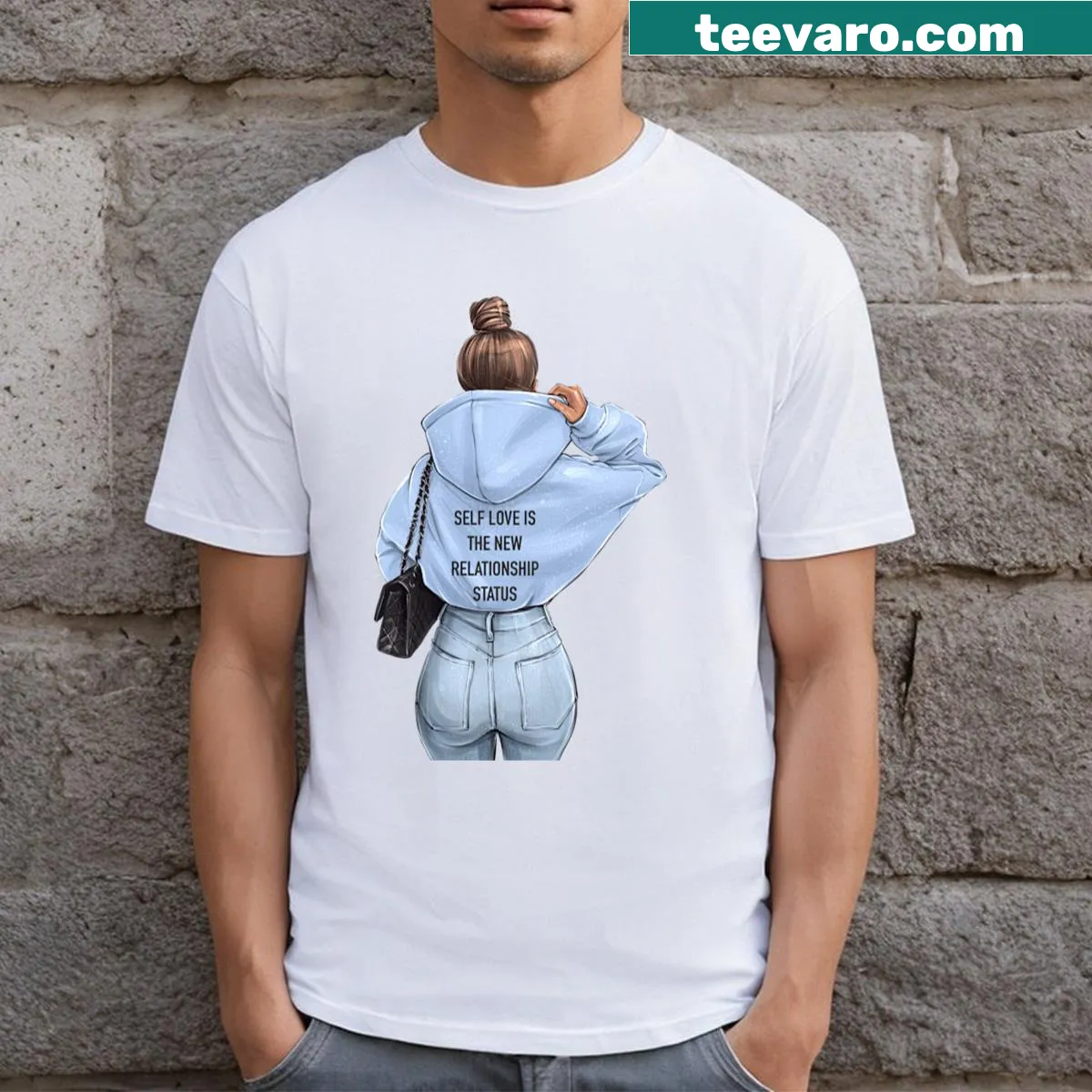 Motivational t-shirt featuring a woman in pink promoting self-love — on a men's t-shirt