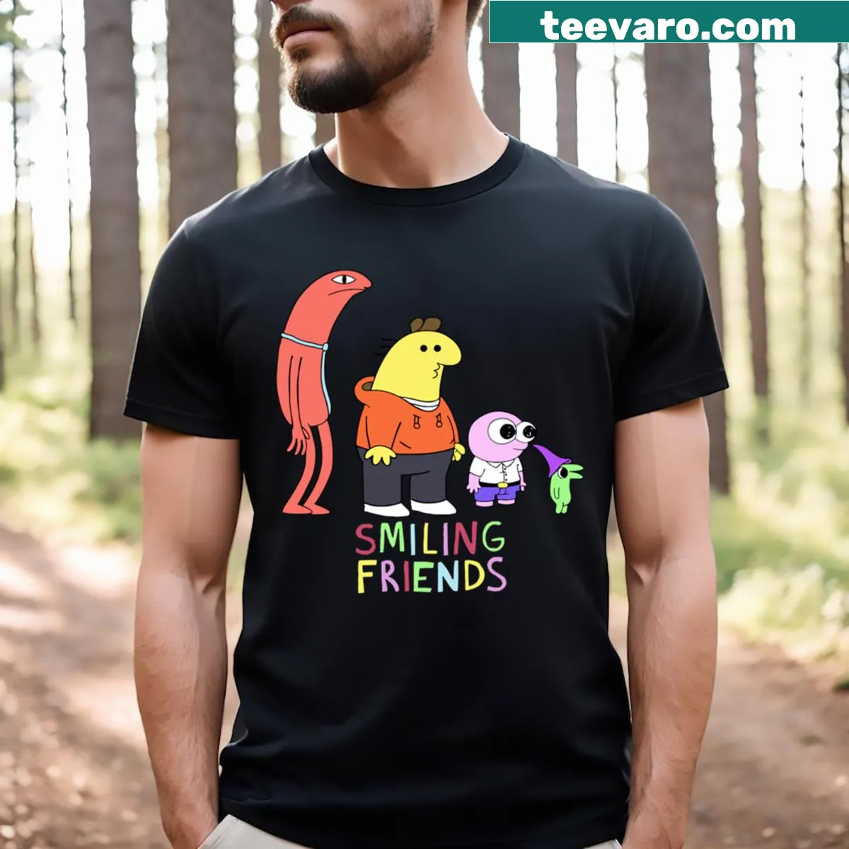 Cartoon graphic t-shirt featuring smiling friends — on a men's t-shirt