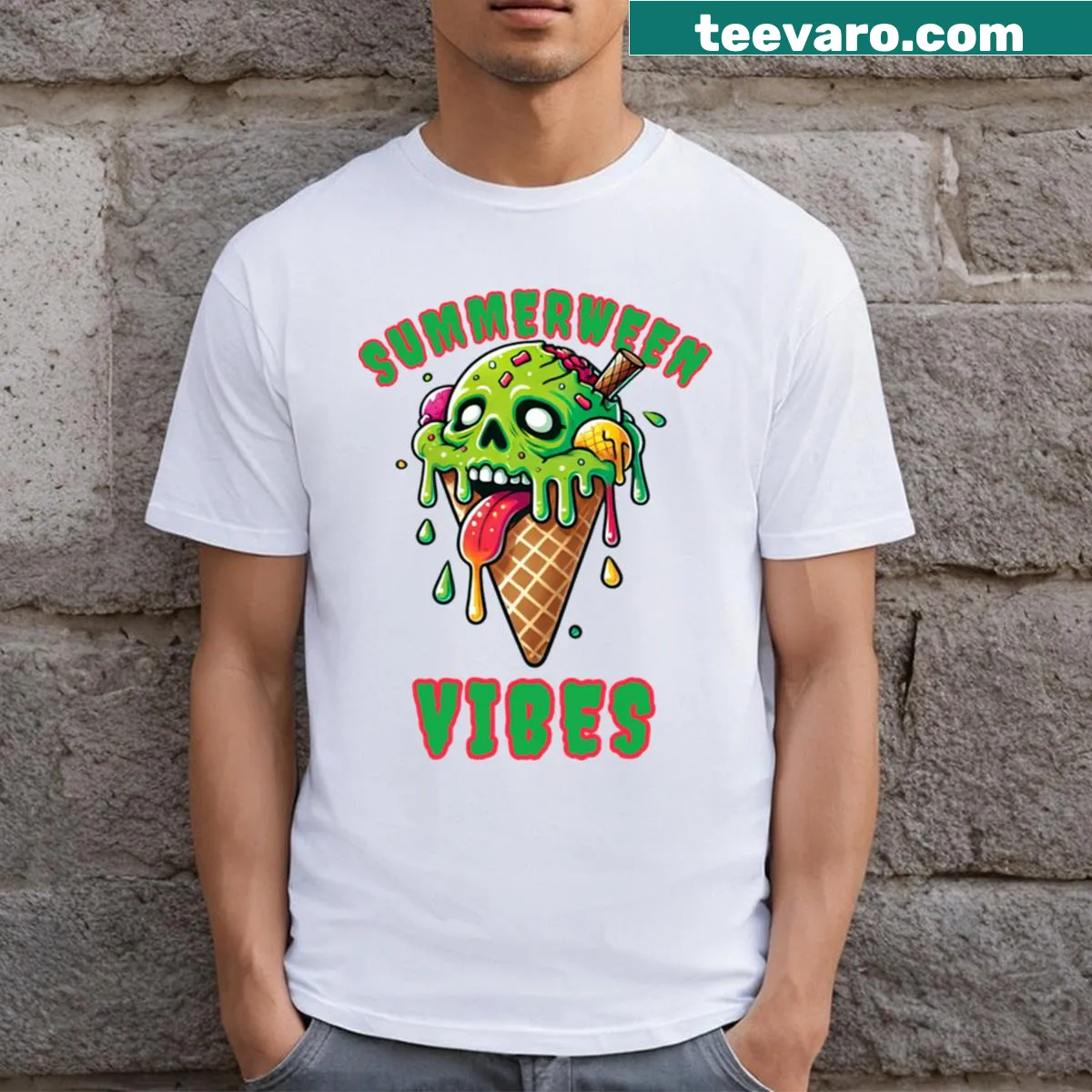 Cartoon zombie on vacation graphic t-shirt — on a men's t-shirt
