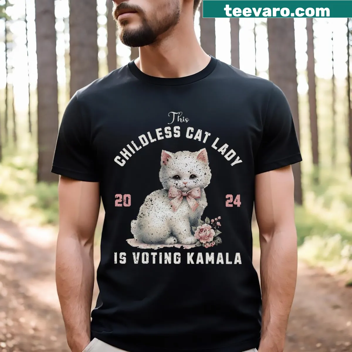 Funny T-shirt featuring a cat lady voting for Kamala 2024 — on a men's t-shirt